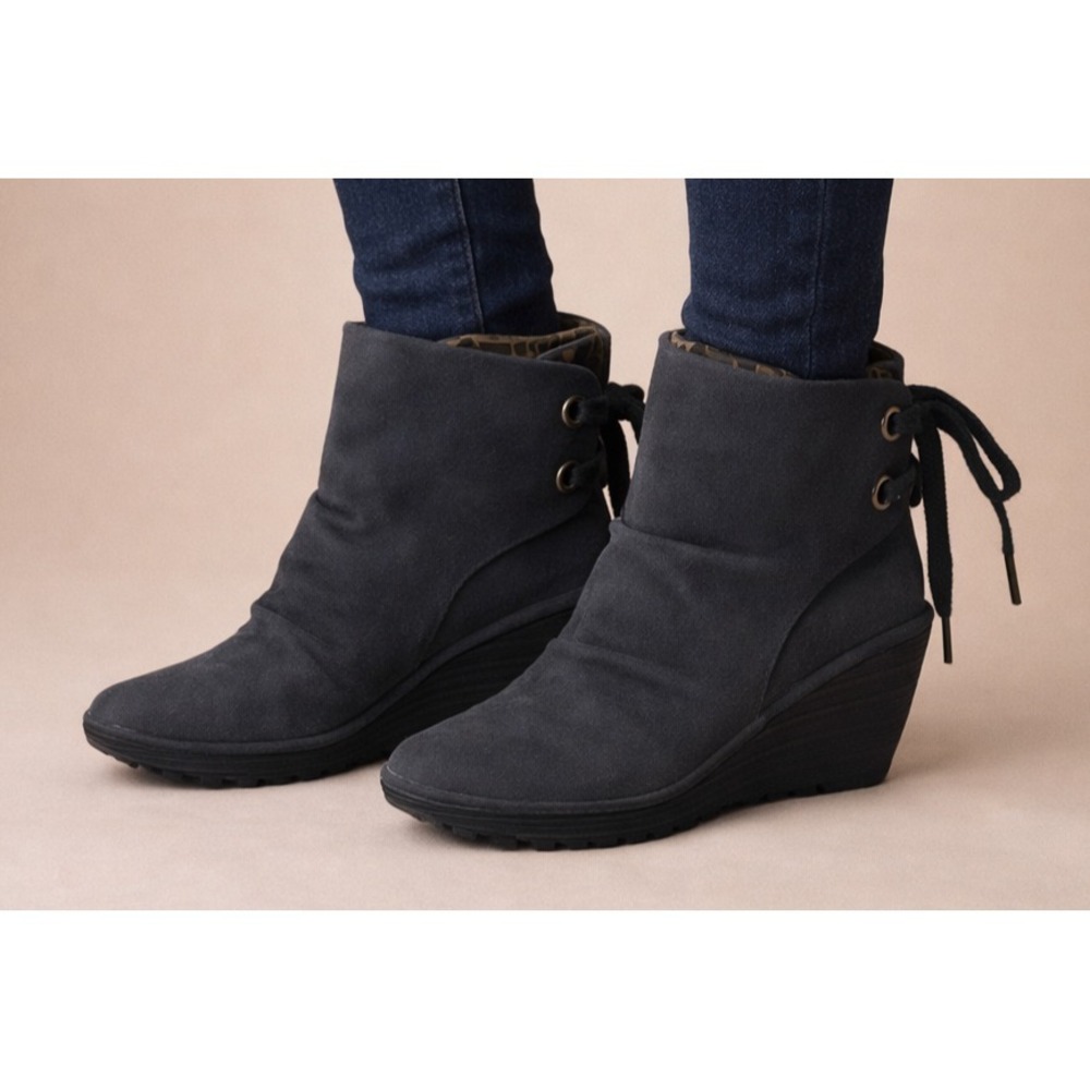 Fly London Yama Suede Wedge Ankle Boots Gray Booties Women's 7.5 - 8 EU 38 Shoes - Picture 1 of 10